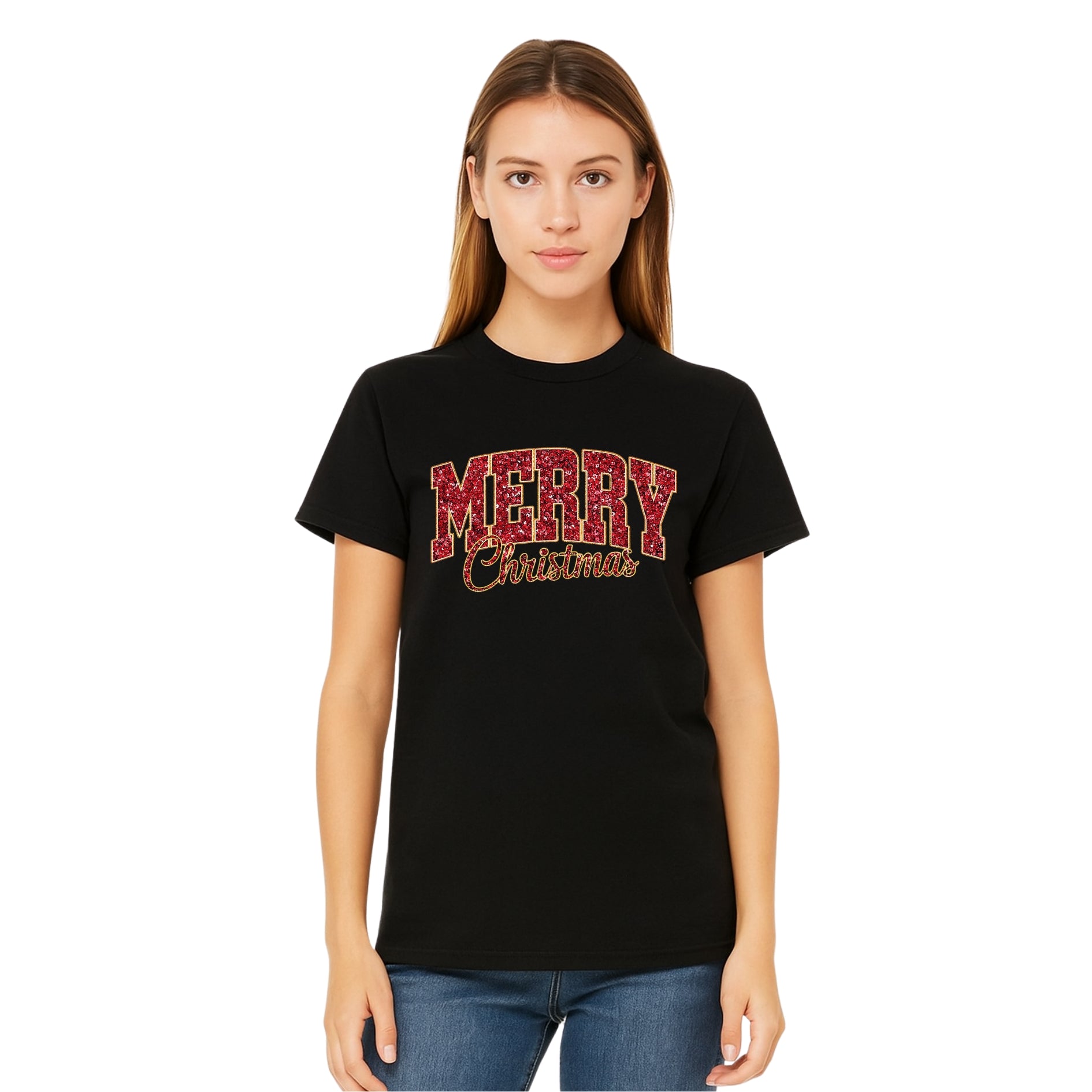 Minimalist Holiday Shirt - “Merry Christmas” Glitter Varsity Design