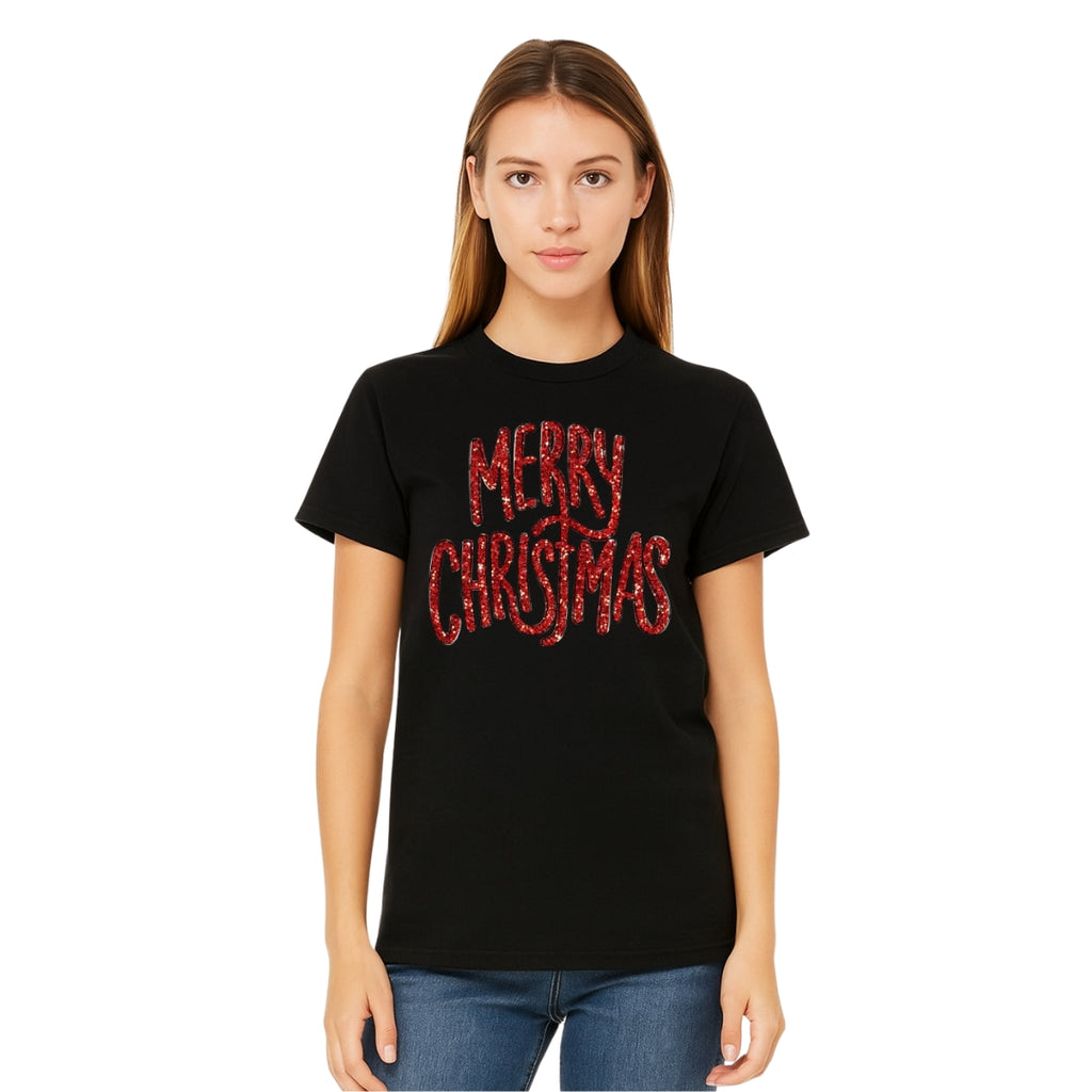 Minimalist Holiday Shirt - “Merry Christmas” Glitter Script Design
