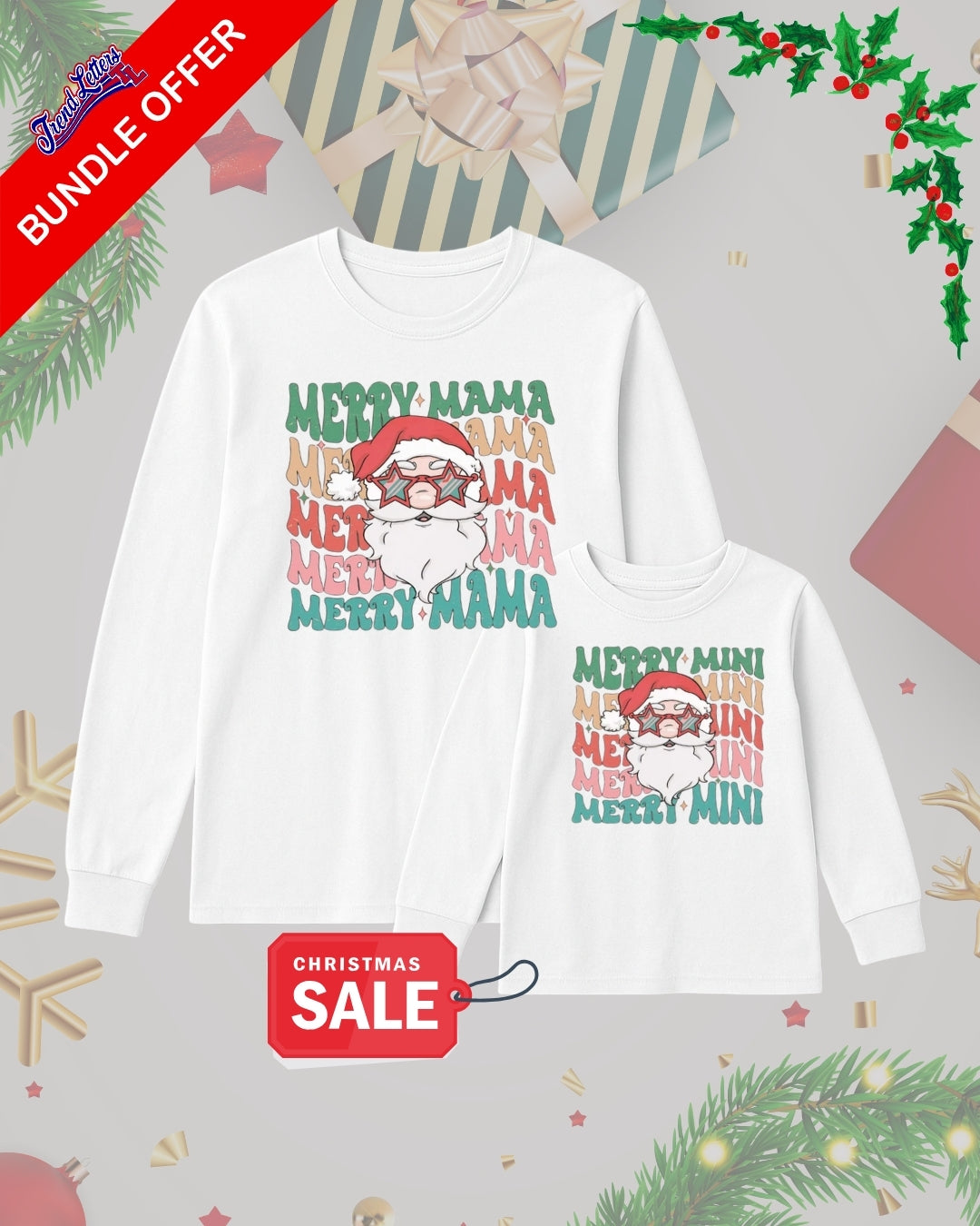Holiday Long Sleeves-Merry Mama & Merry Mini Retro Santa Matching Christmas Outfit – Stylish Holiday Family Bundle