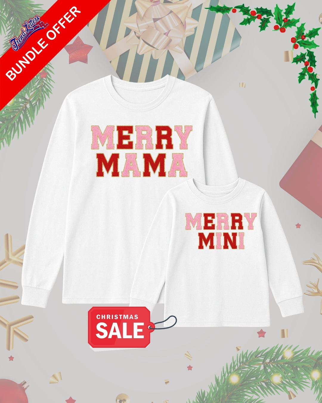 Holiday Long Sleeves- Merry Mama & Merry Mini Matching Christmas Outfit – Chenille Letter Holiday Bundle