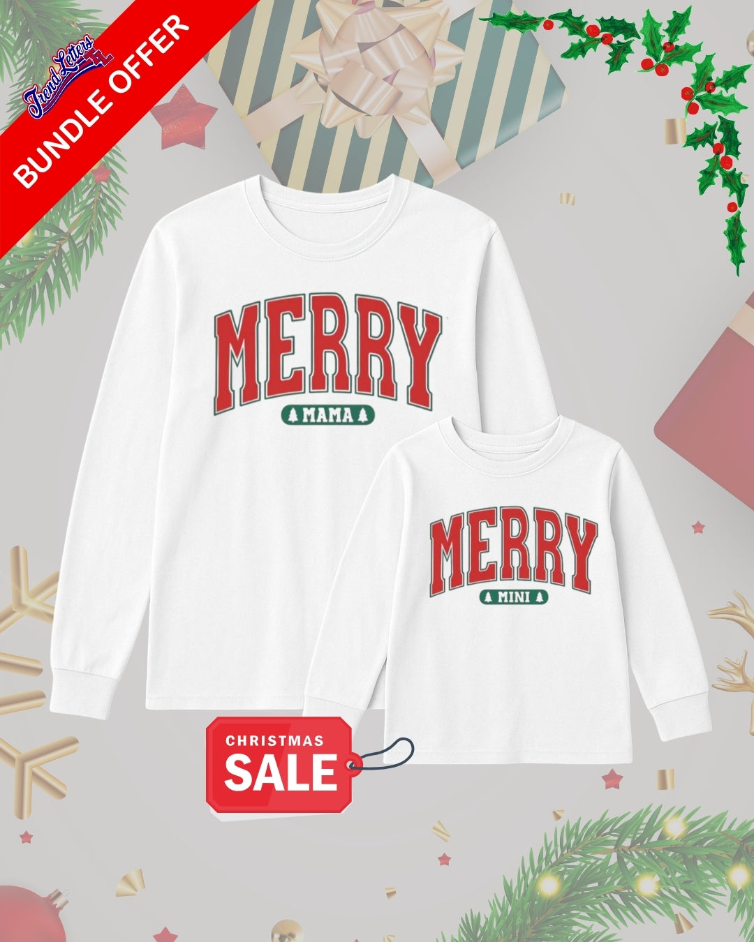 Holiday Long Sleeves-Merry Mama & Merry Mini Matching Christmas Outfit – Classic Holiday Family Bundle