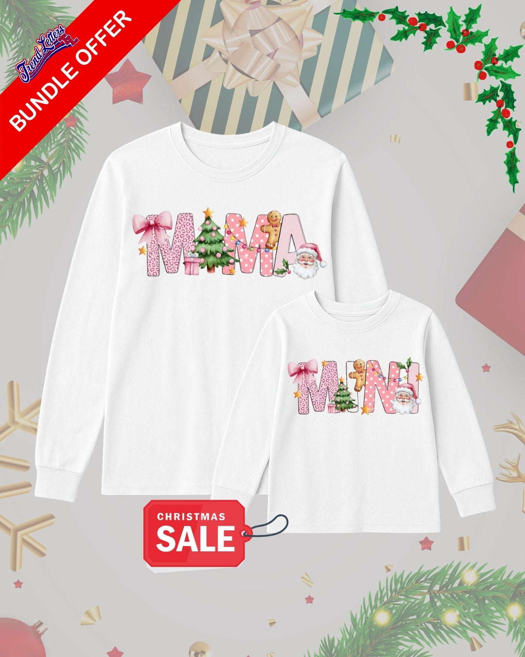 Holiday Long Sleeves-Mama & Mini Christmas Matching Outfit – Pink Holiday Aesthetic Bundle