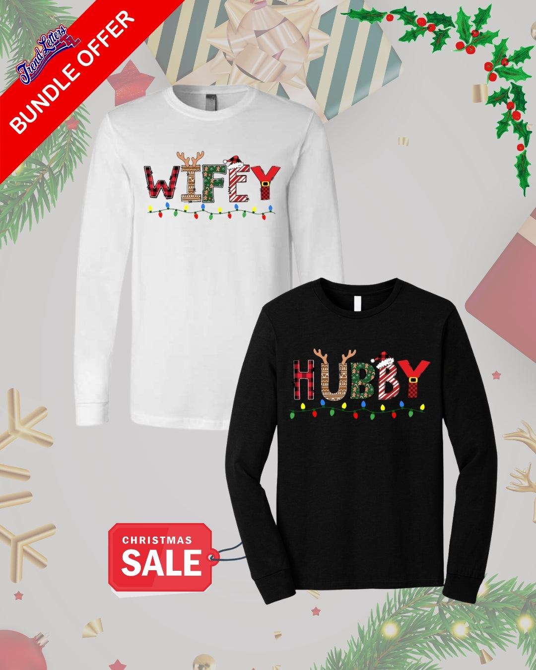 Holiday Long Sleeves- Matching Couple Christmas Clothing – Hubby & Wifey Christmas Lights Design (Copy)