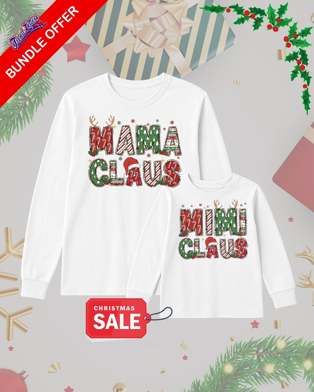 Holiday Long Sleeves- Mama Claus & Mini Claus Matching Christmas Outfit – Festive Holiday Family Bundle