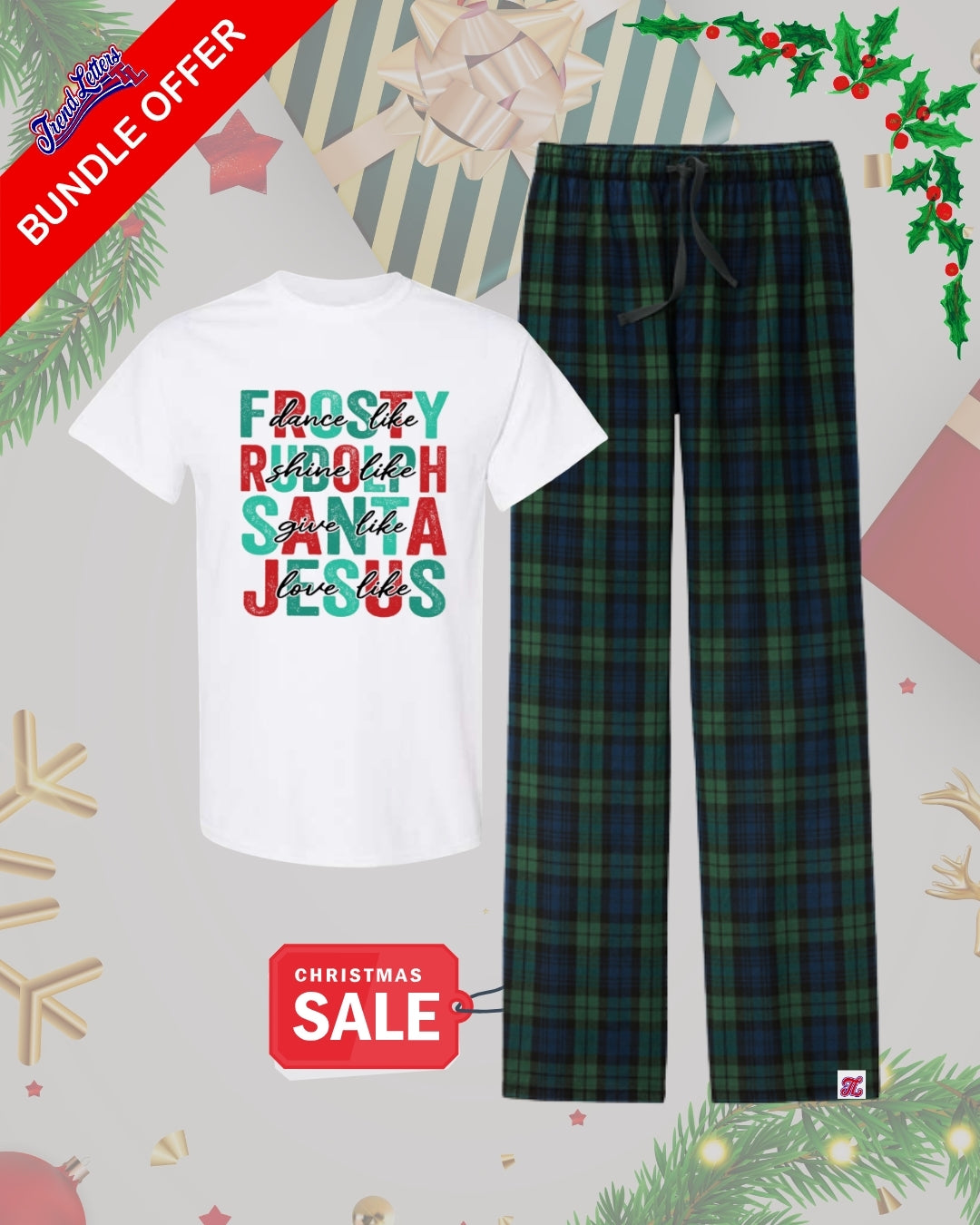 TL Holiday Bundle - “Frosty, Rudolph, Santa & Jesus” Inspirational Christmas Pajama Bundle – Holiday Message Tee & Green Tartan Lounge Pants