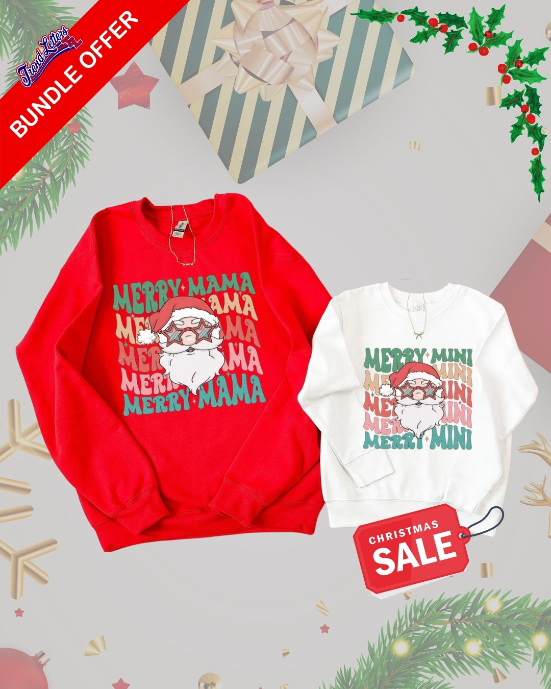 Holiday Crewneck Sweatshirt – Merry Mama & Merry Mini Retro Santa Matching Christmas Outfit – Stylish Holiday Family Bundle