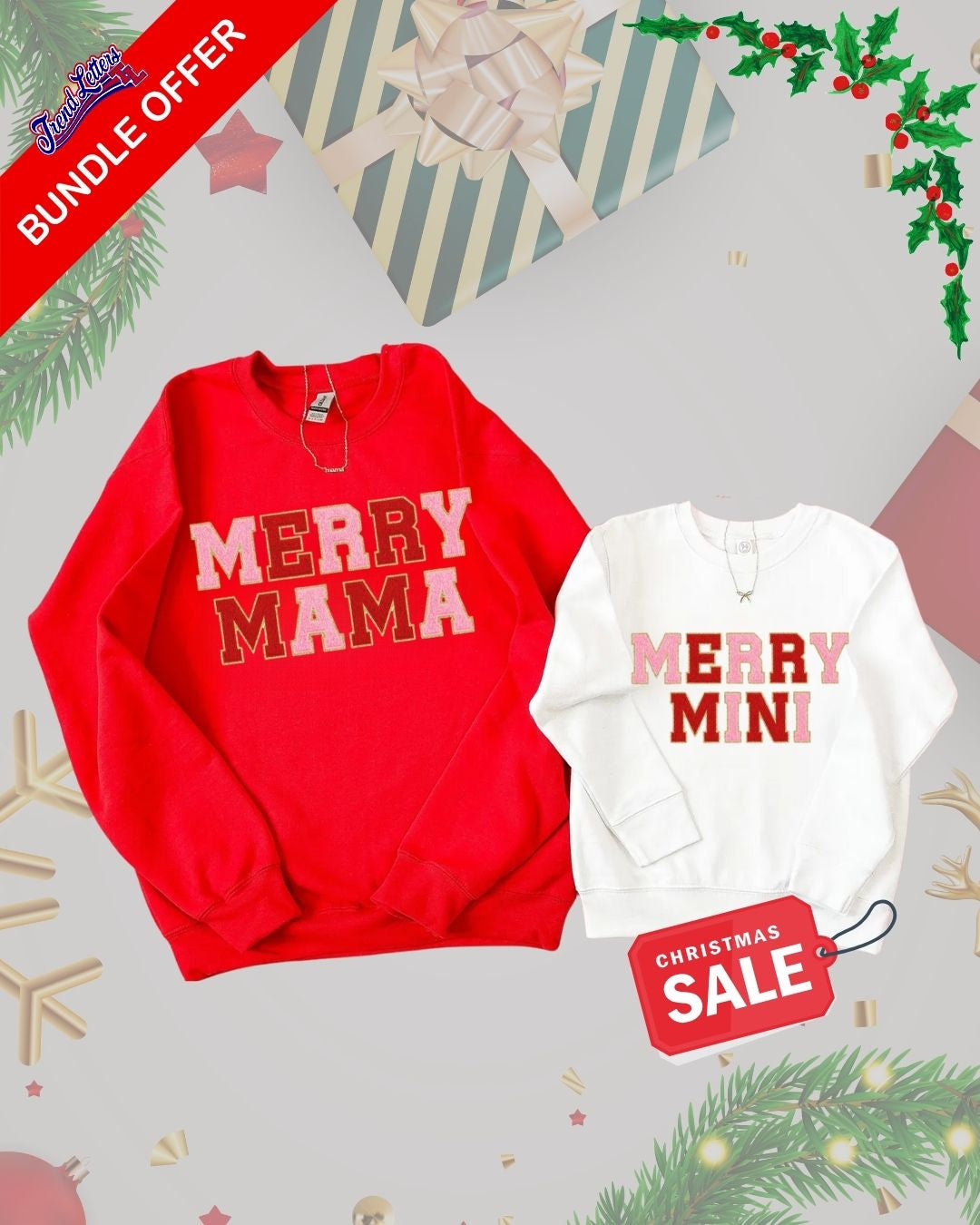Holiday Crewneck Sweatshirt – Merry Mama & Merry Mini Matching Christmas Outfit – Chenille Letter Holiday Bundle