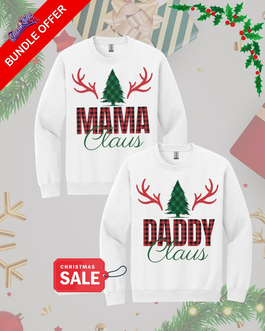 Holiday Crewneck Sweatshirt – “Plaid Claus Parents Christmas Bundle – Matching Mama & Daddy Holiday Apparel Set”