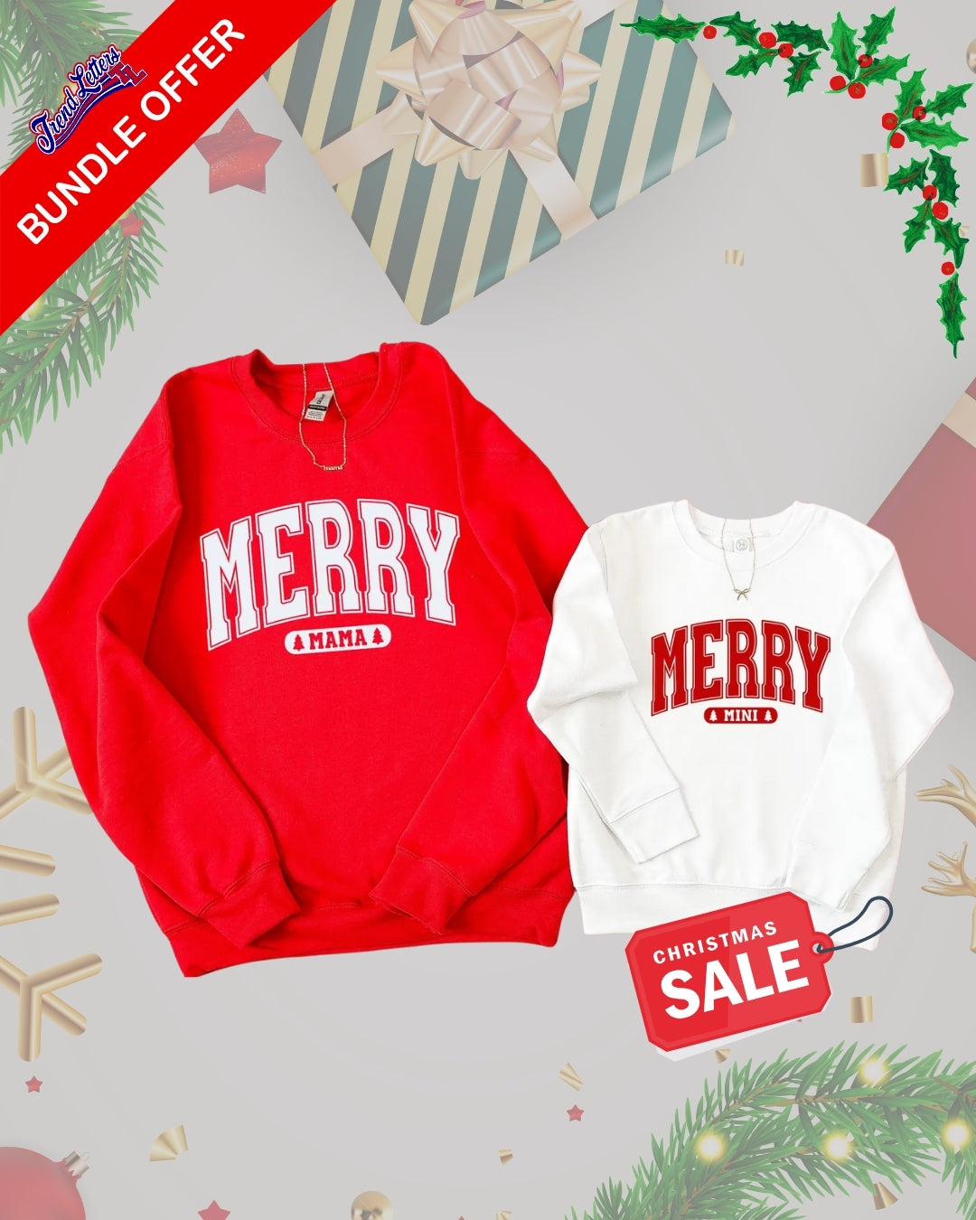 Holiday Crewneck Sweatshirt – “Merry Mama & Mini Holiday Matching Bundle – Festive Family Christmas Apparel Set”