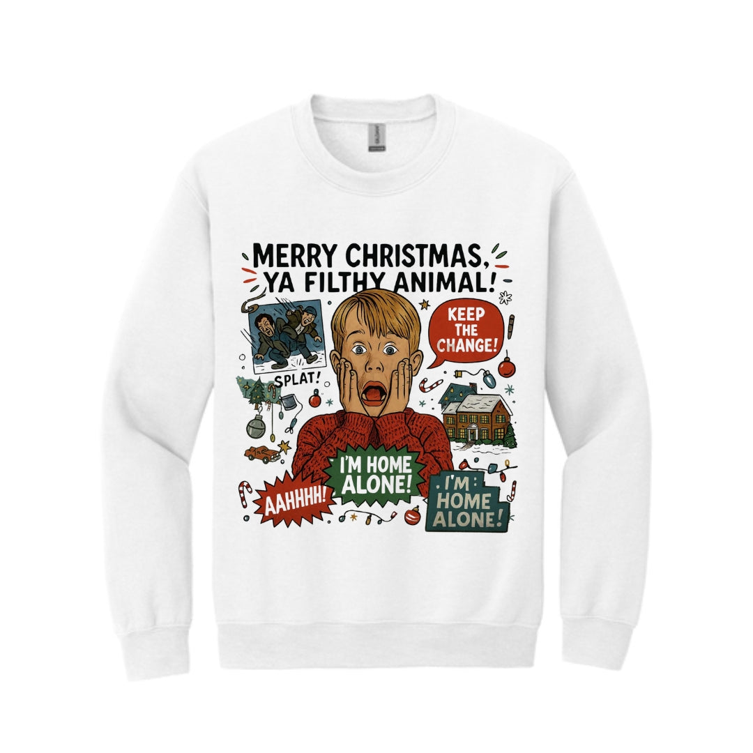 Holiday Crewneck Sweatshirt-Funny “Merry Christmas, Ya Filthy Animal!” Holiday Apparel – Retro Cartoon Christmas Chaos Design