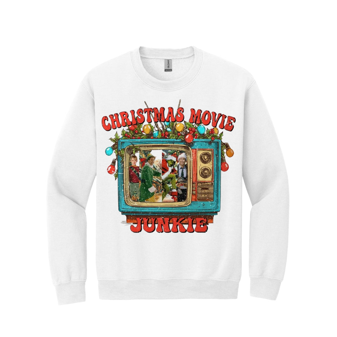 Holiday Crewneck Sweatshirt-“Christmas Movie Junkie” Vintage TV Design – Perfect for Holiday Movie Lovers