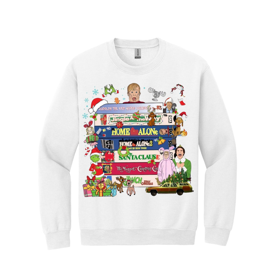 Holiday Crewneck Sweatshirt-Vintage Christmas Movie Stack Design – Festive Retro Film Lover Apparel