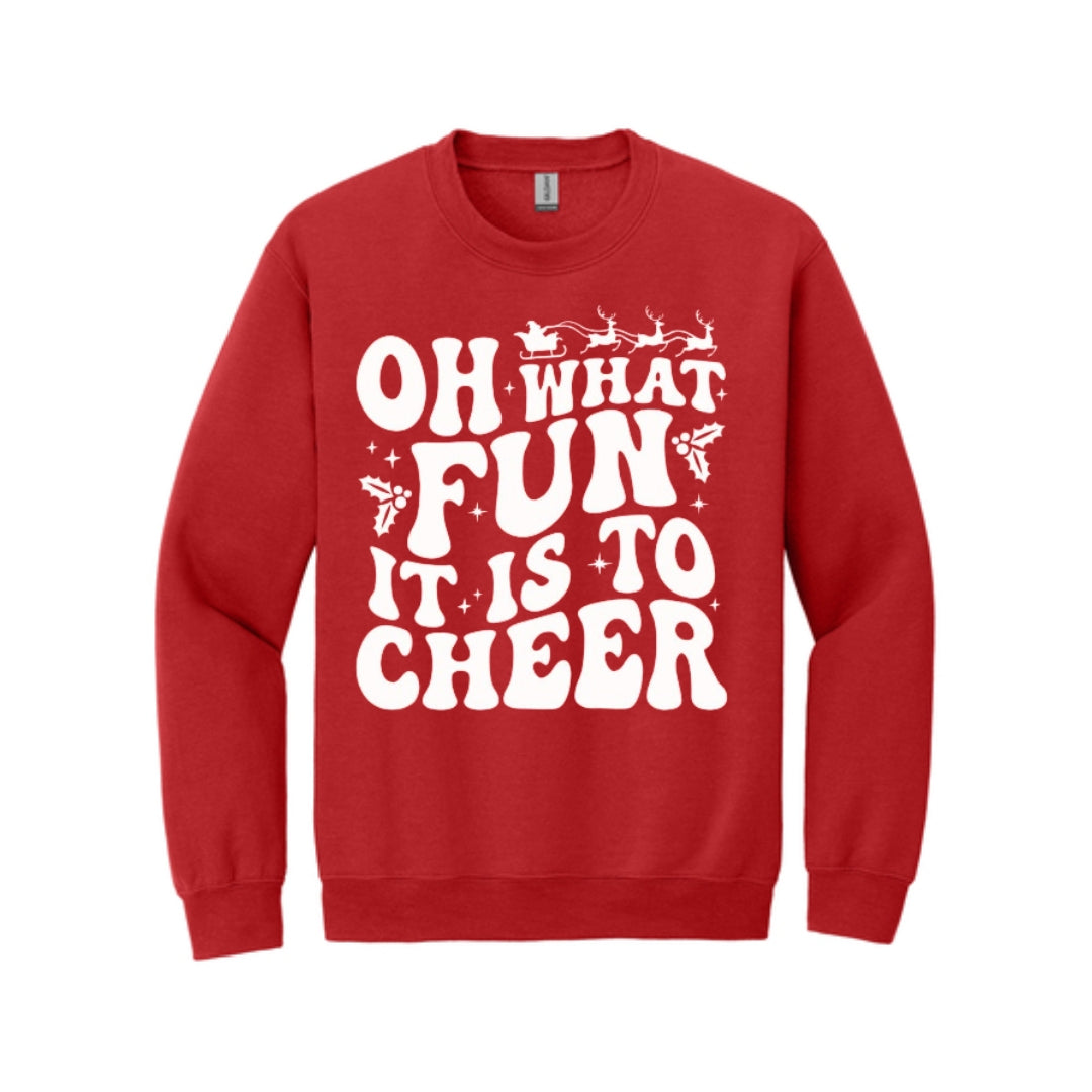 Holiday Crewneck Sweatshirt- Festive Christmas Cheerleader Apparel – “Oh What Fun It Is to Cheer” Holiday Design