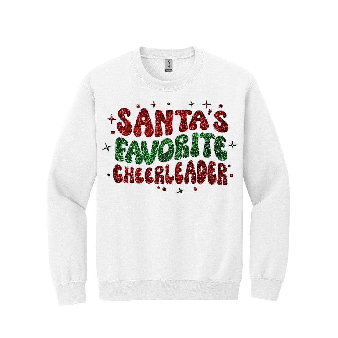 Holiday Crewneck Sweatshirt--Festive “Santa’s Favorite Cheerleader” Christmas Apparel – Sparkly Holiday Spirit Wear for Cheerleaders