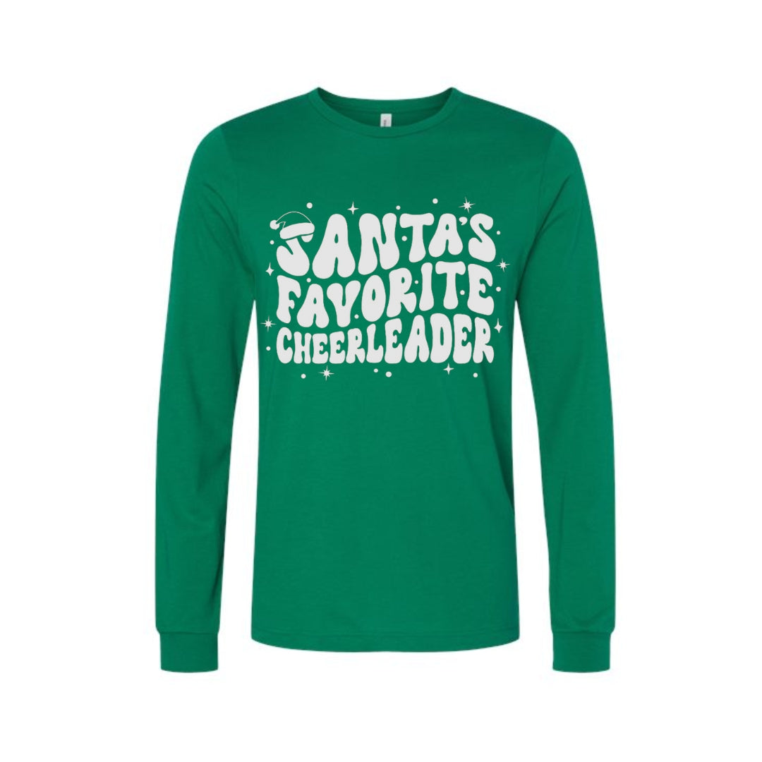 Holiday Long Sleeves- Festive “Santa’s Favorite Cheerleader” Christmas Apparel – Holiday Spirit Wear for Cheerleaders