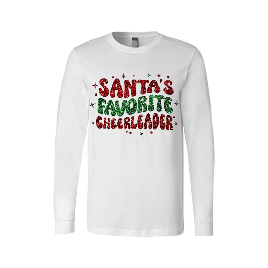 Holiday Long Sleeves-Festive “Santa’s Favorite Cheerleader” Christmas Apparel – Sparkly Holiday Spirit Wear for Cheerleaders